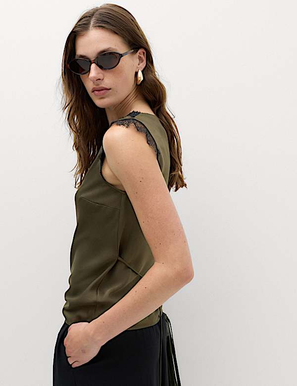 Satin V-Neck Lace Insert Cami Top - CN