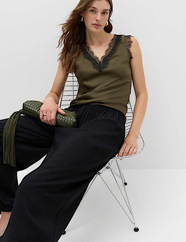 Satin V-Neck Lace Insert Cami Top - CN