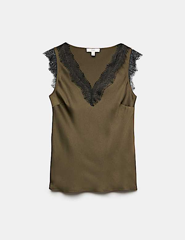 Satin V-Neck Lace Insert Cami Top - CN