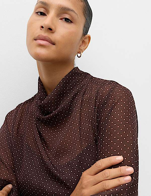 Polka Dot Cowl Neck Draped Cape Blouse - UA