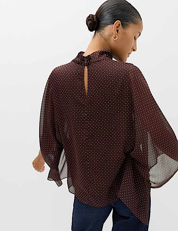 Polka Dot Cowl Neck Draped Cape Blouse - UA