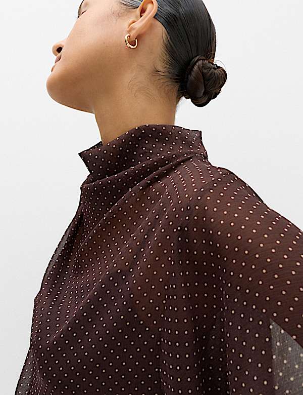 Polka Dot Cowl Neck Draped Cape Blouse - UA