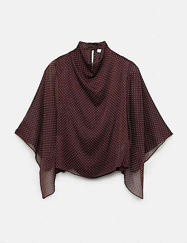 Polka Dot Cowl Neck Draped Cape Blouse - UA