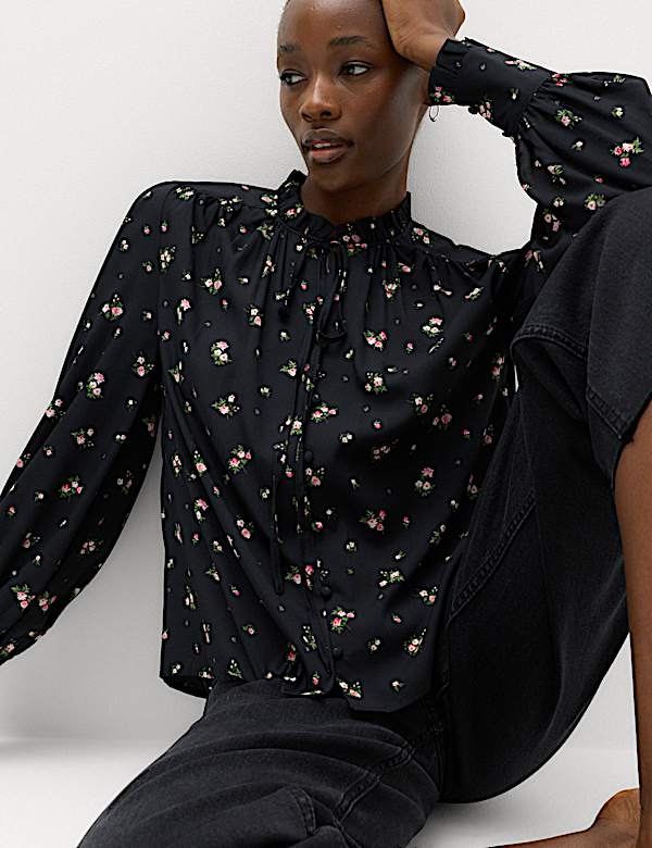 Floral Tie Neck Button Through Blouse