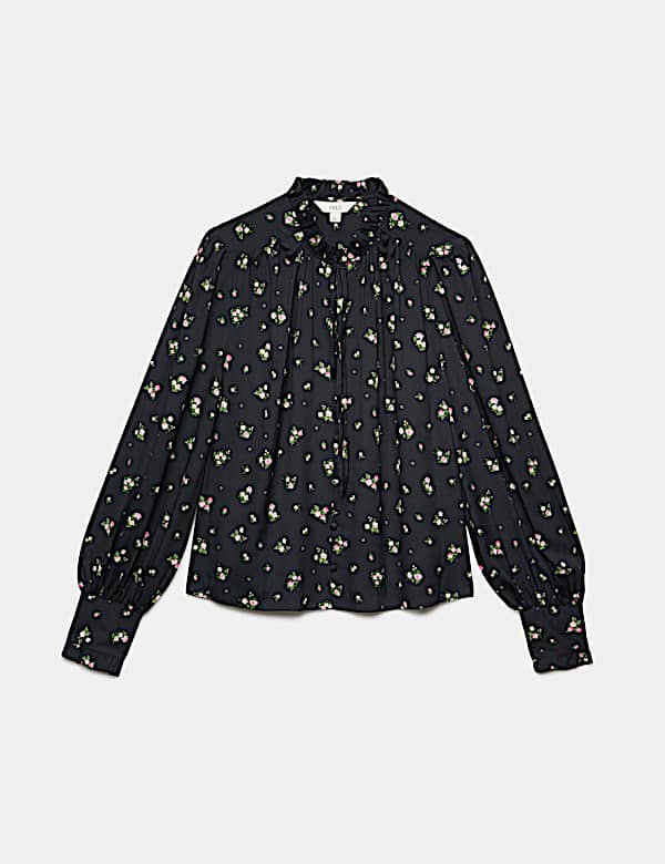 Blusa abotonada floral con cuello con lazo - ES