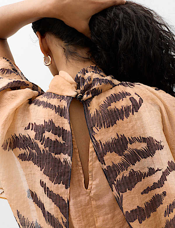Lyocell Rich Animal Print Cape Detail Blouse - KR