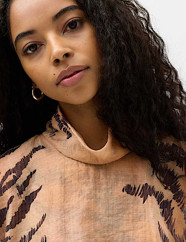 Lyocell Rich Animal Print Cape Detail Blouse - KR
