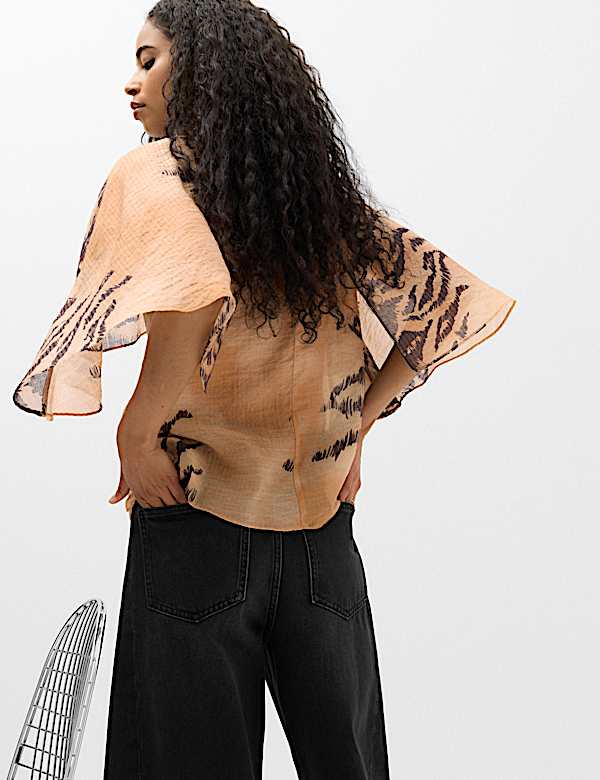 Lyocell Rich Animal Print Cape Detail Blouse - KR