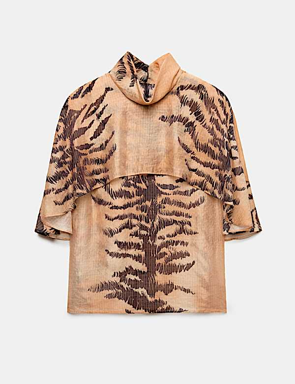 Lyocell Rich Animal Print Cape Detail Blouse - KR