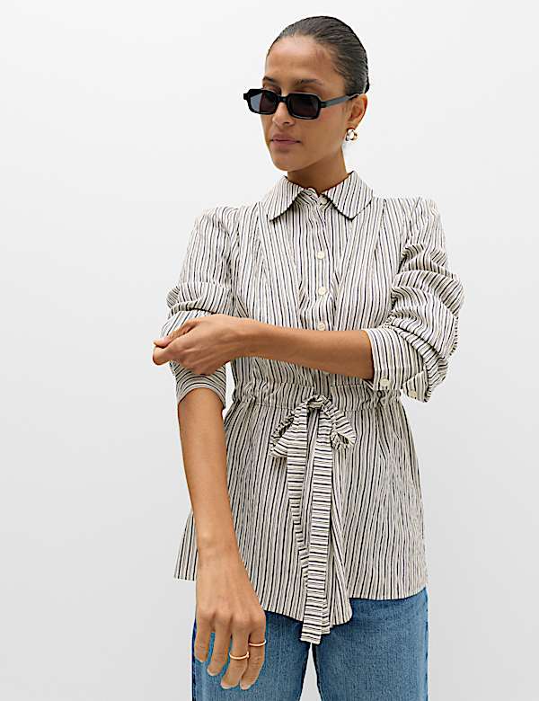 Camisa de rayas con detalle de lazo en la cintura - US