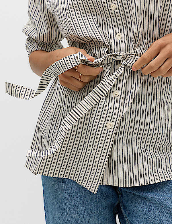 Camisa de rayas con detalle de lazo en la cintura - US