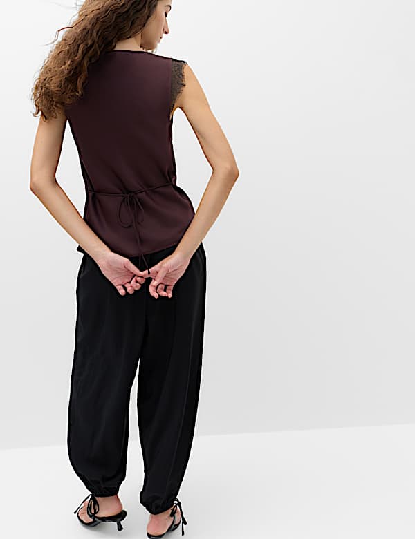 Satin V-Neck Lace Insert Cami Top - FI