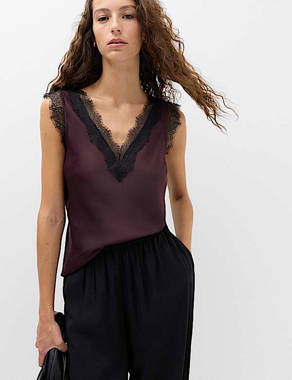 Satin V-Neck Lace Insert Cami Top - FI