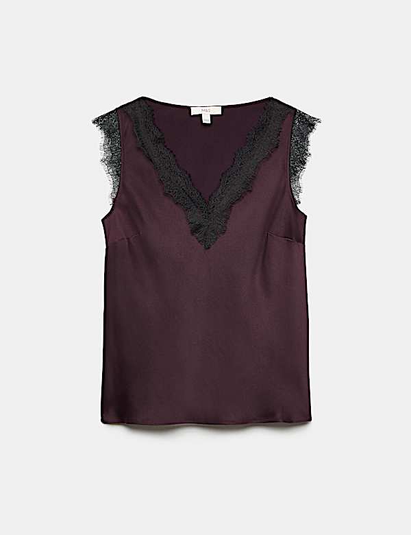 Satin V-Neck Lace Insert Cami Top - FI