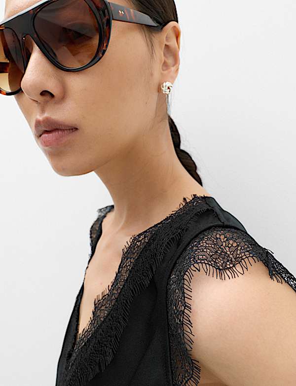 Satin V-Neck Lace Insert Cami Top - AT