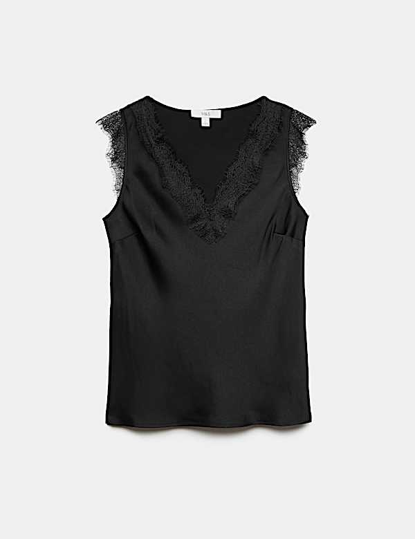 Satin V-Neck Lace Insert Cami Top - AT