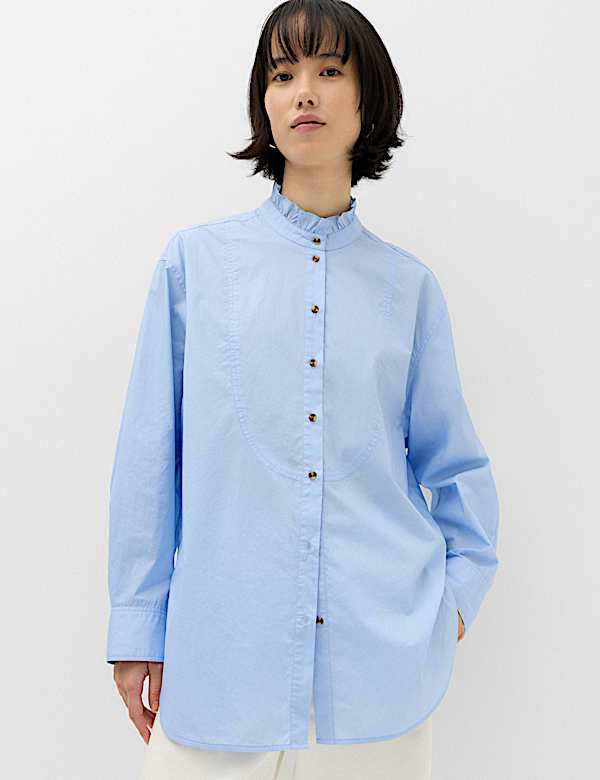 Pure Cotton Pie Crust Frill Neck Shirt - LU