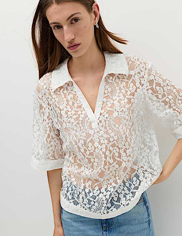Cotton Blend Lace Collared Top