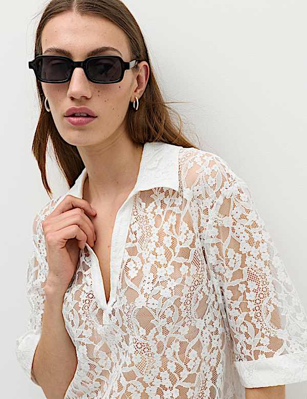 Cotton Blend Lace Collared Top - JP
