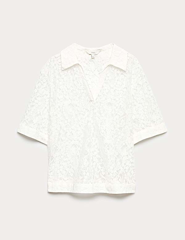 Cotton Blend Lace Collared Top - JP