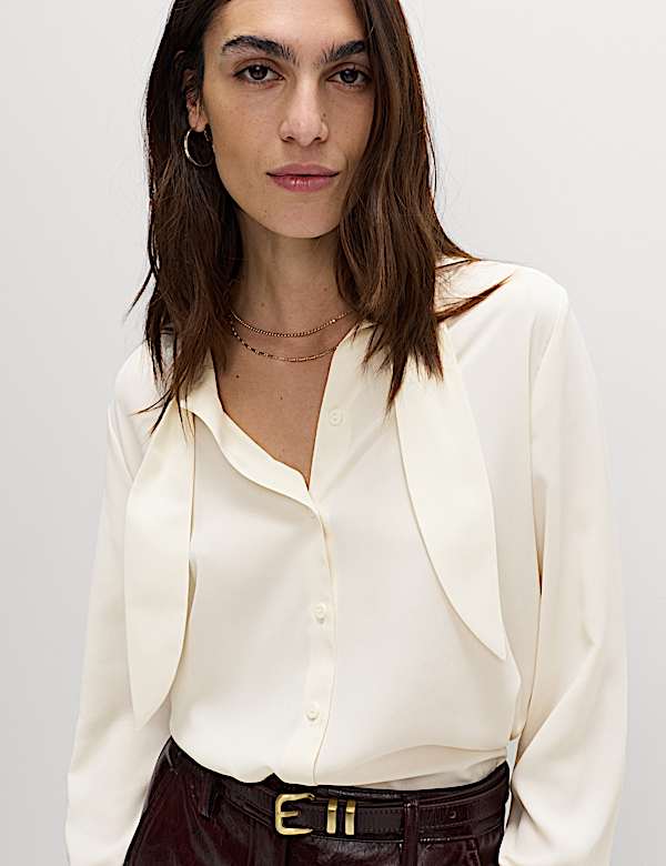 חולצת שרוול ארוך עם קשירה בצווארון - IL