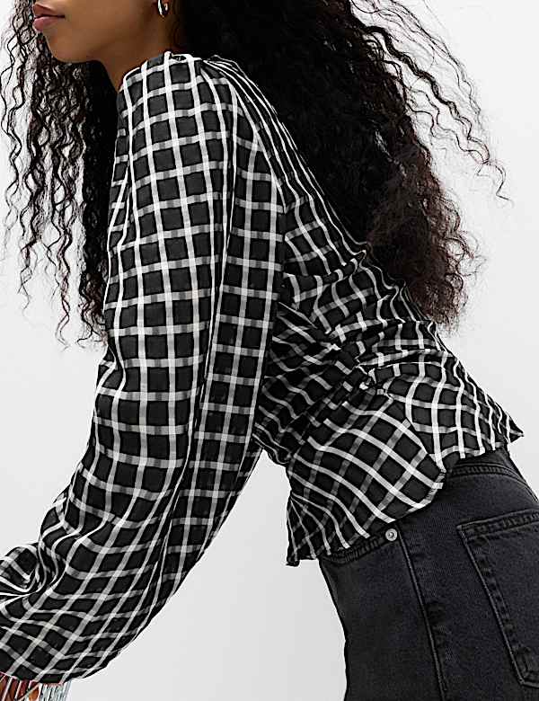 Checked Gathered Waisted Blouson Sleeve Blouse - CH