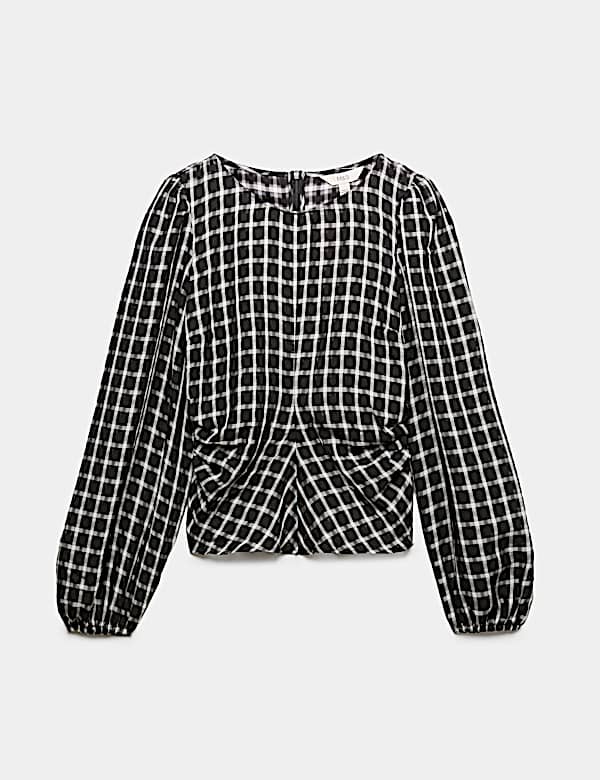 Checked Gathered Waisted Blouson Sleeve Blouse - CH