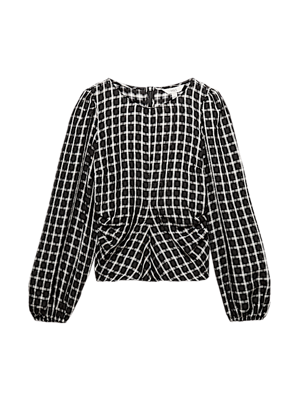Checked Gathered Waisted Blouson Sleeve Blouse