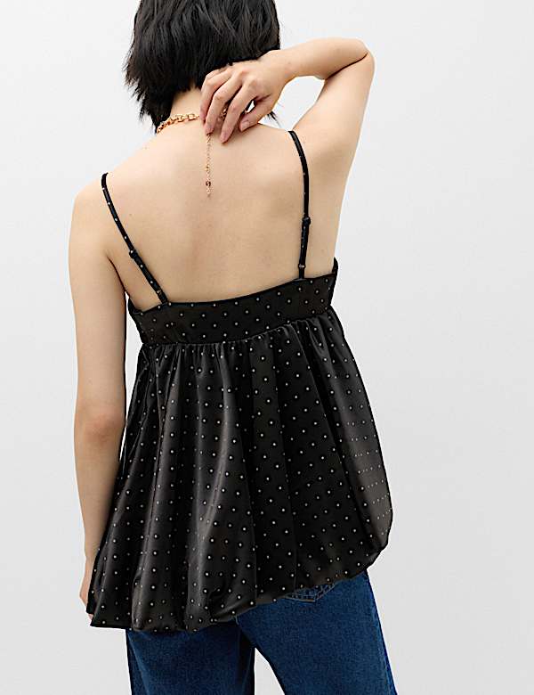 Satin Polka Dot Asymmetric Bubble Hem Cami Top - CH