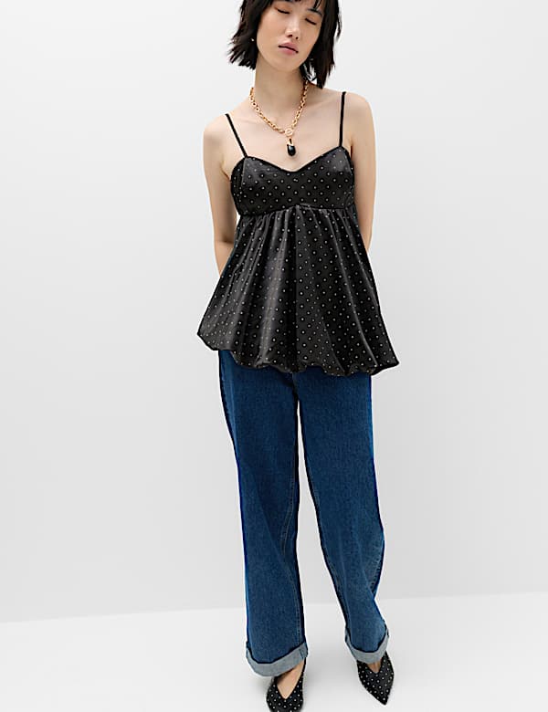 Satin Polka Dot Asymmetric Bubble Hem Cami Top - CH