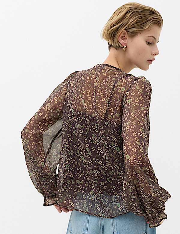 Floral Ruffle V-Neck Blouse - SI