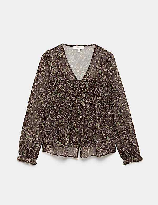 Floral Ruffle V-Neck Blouse - SI
