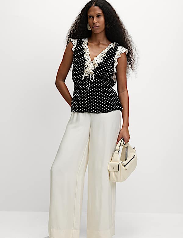 Polka Dot V-Neck Tie Front Top - CY