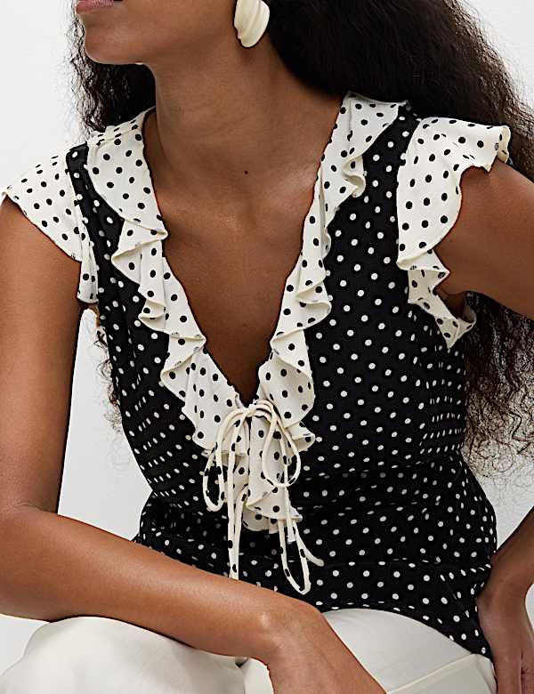 Polka Dot V-Neck Tie Front Top - CY
