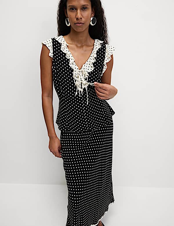 Polka Dot V-Neck Tie Front Top - CY