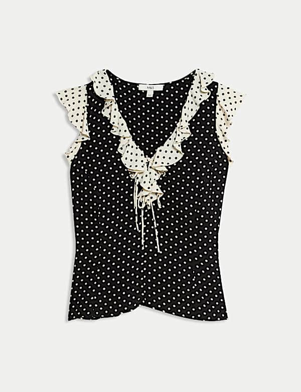 Polka Dot V-Neck Tie Front Top - CY