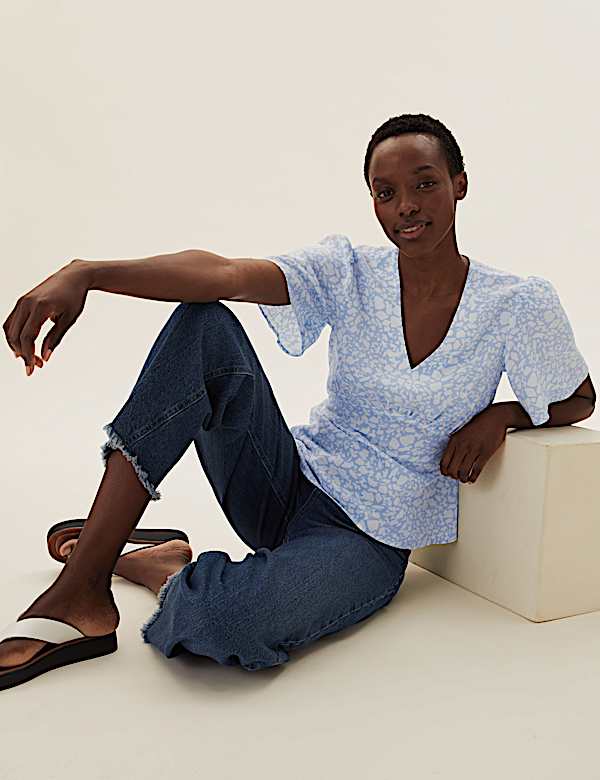 Animal Print V-Neck Angel Sleeve Top - KG