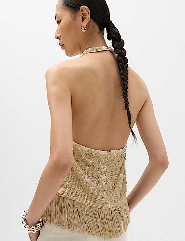 Sequin Fringe Detail Halter Neck Crop Top - CN