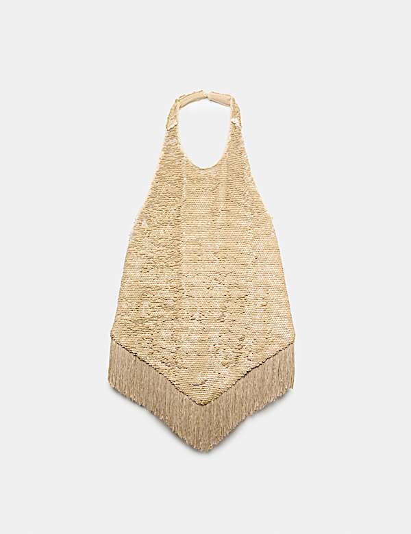 Sequin Fringe Detail Halter Neck Crop Top - CN