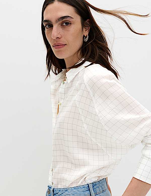 Lyocell Rich Checked Collared Oversized Shirt - LU