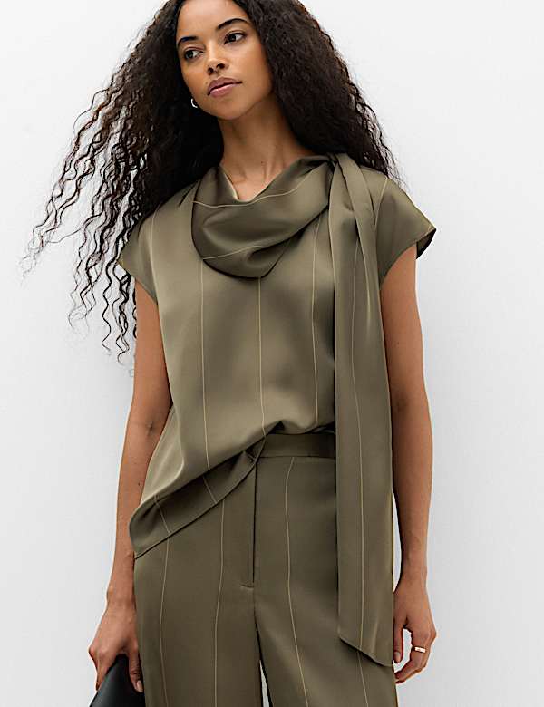 Satin Striped Cowl Neck Scarf Detail Top - SK
