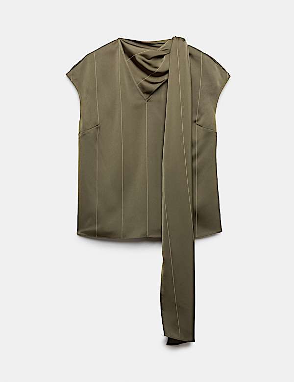 Satin Striped Cowl Neck Scarf Detail Top - SK