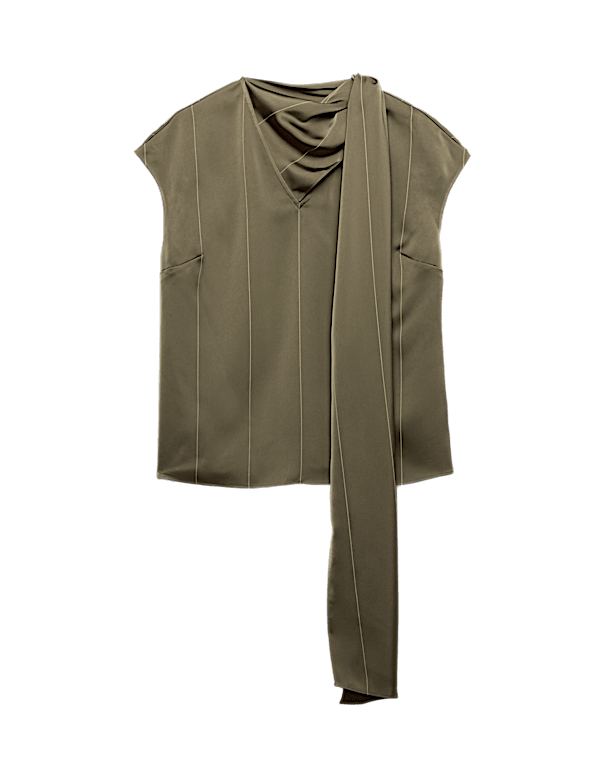 Satin Striped Cowl Neck Scarf Detail Top