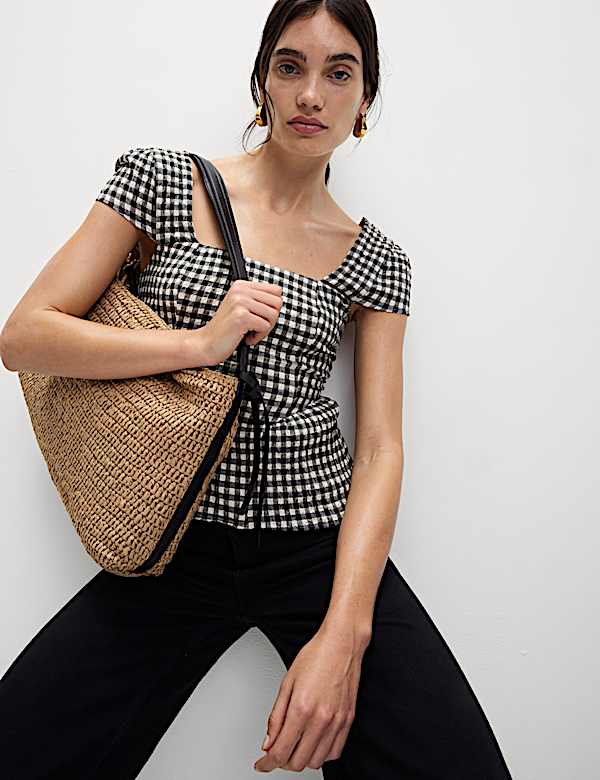 Top péplum en coton à petites manches et carreaux - LU