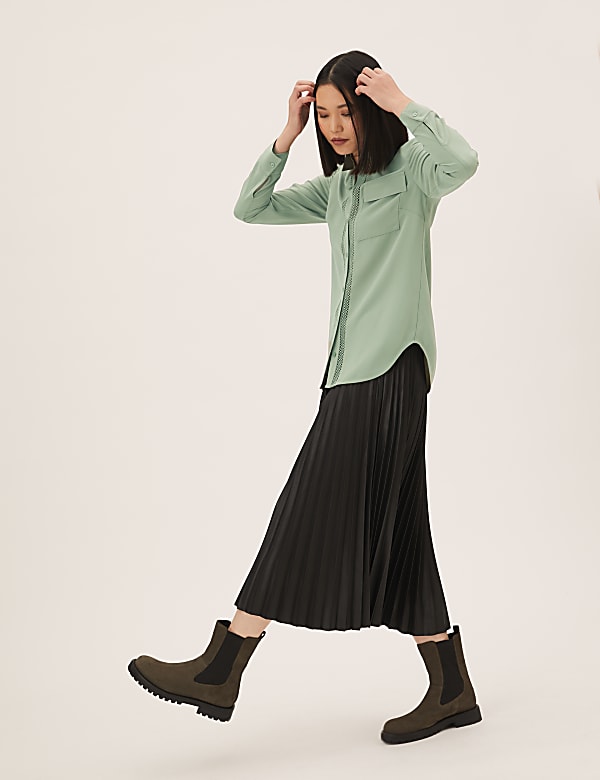 Lace Insert Collared Long Sleeve Shirt