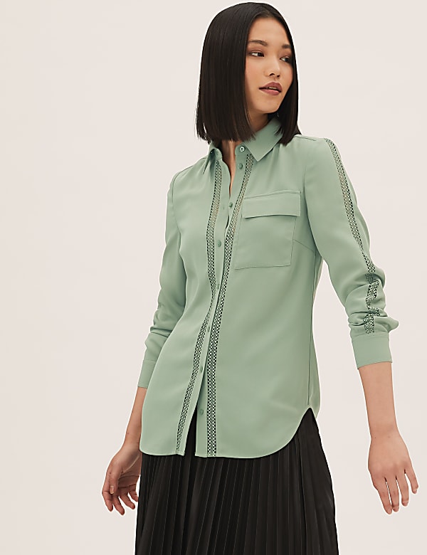 Lace Insert Collared Long Sleeve Shirt