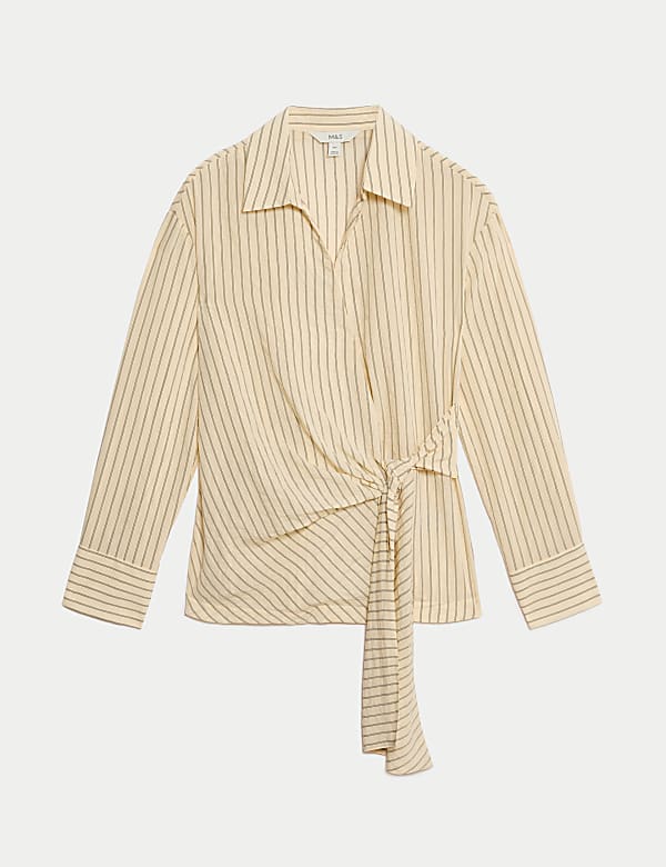 Camisa de rayas con cuello y lazada en la parte delantera - US