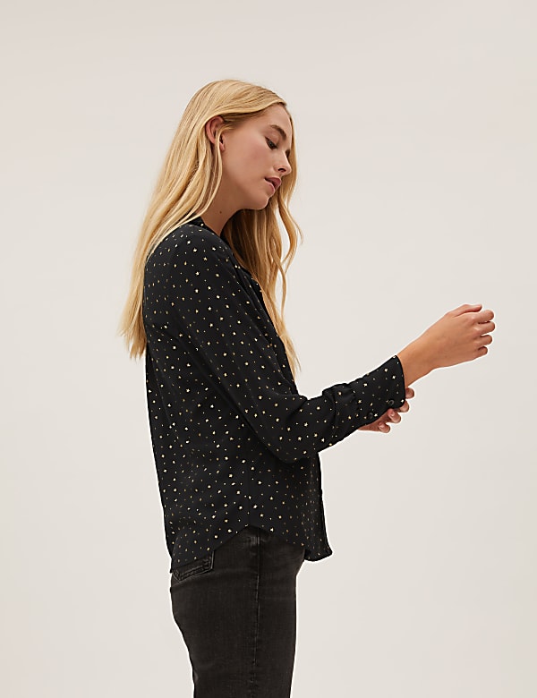 Foil Print Collared Long Sleeve Blouse