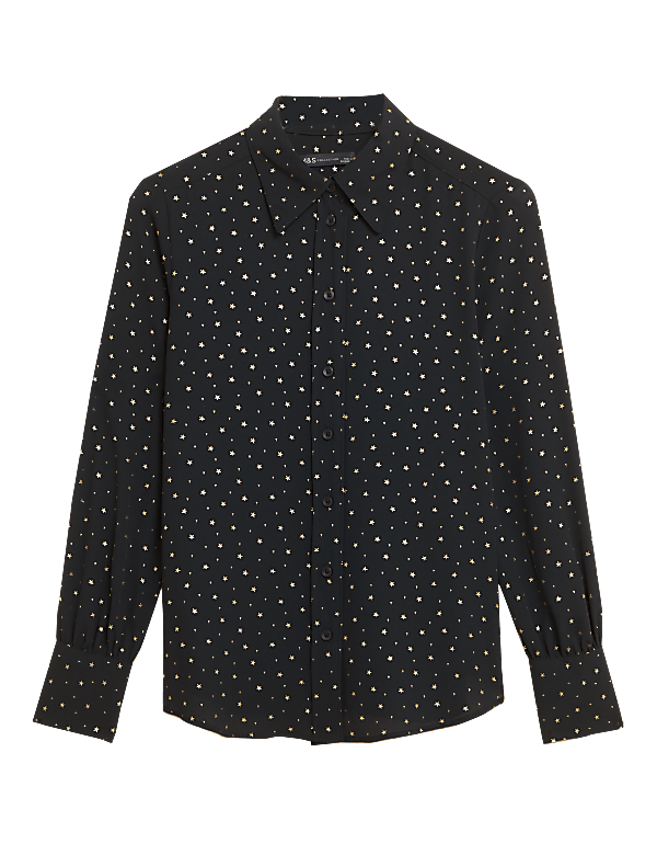 Foil Print Collared Long Sleeve Blouse