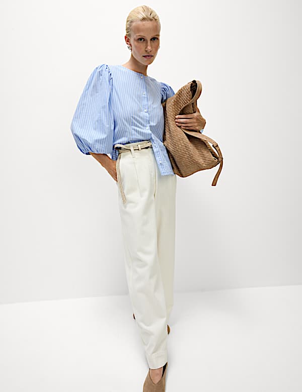 Pure Cotton Puff Sleeve Button Through Blouse